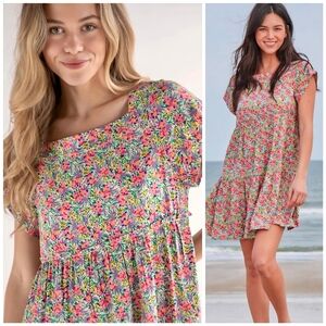 Natural Life Floral Boho Pink Tiered Mini Berkley Dress, M